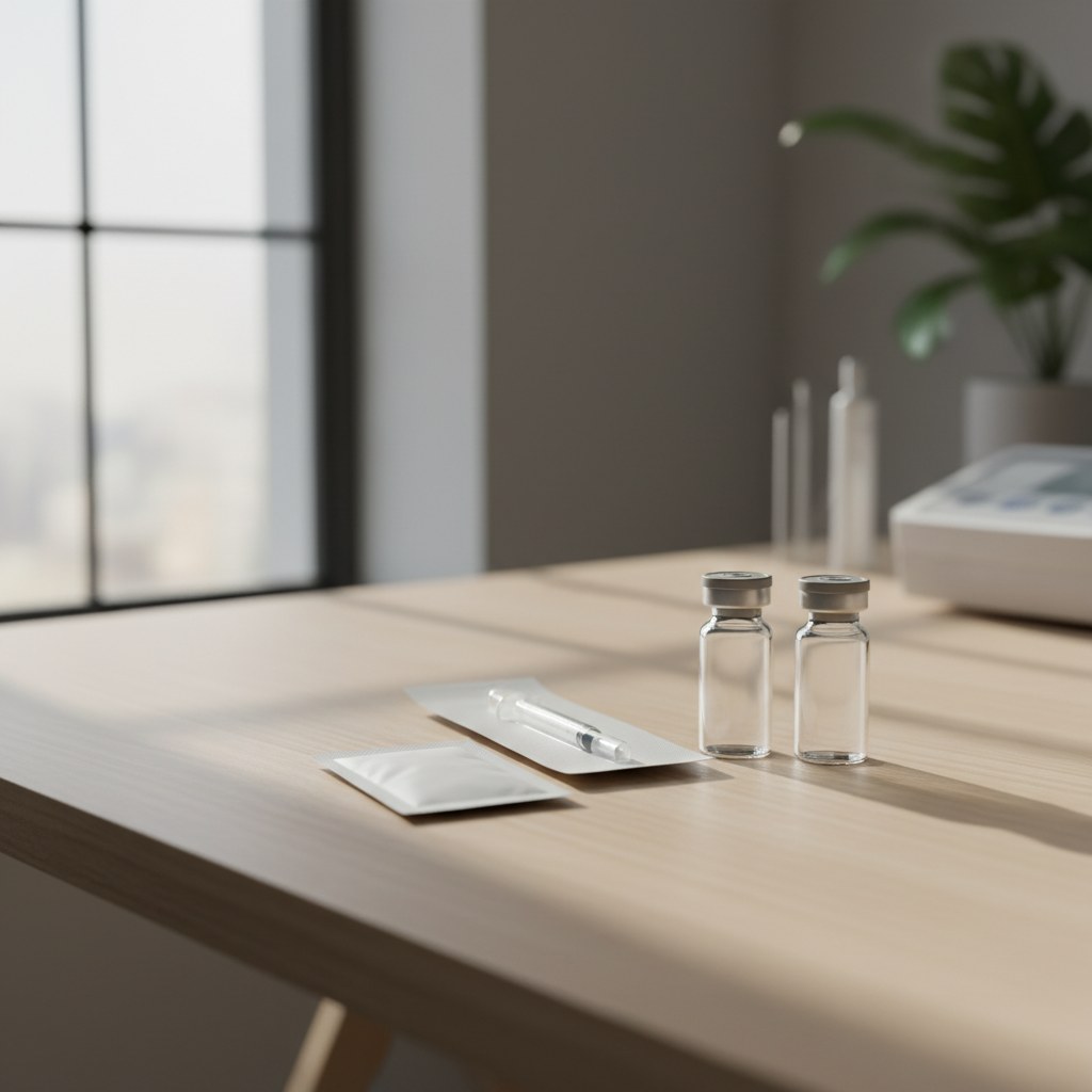 Peptide vials and reconstitution kit on a wooden practitioner's desk in natural light